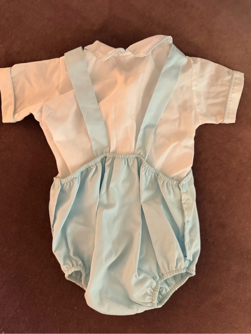 Vintage baby boy Light Blue Embroidered Romper Overalls, size 9 months
